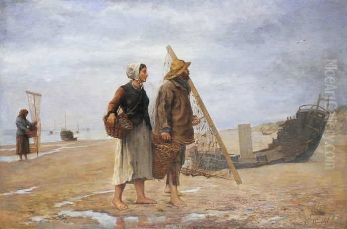 Pecheurs De Crevettes Sur La Plage Oil Painting by Charles Emmanuel Roussel