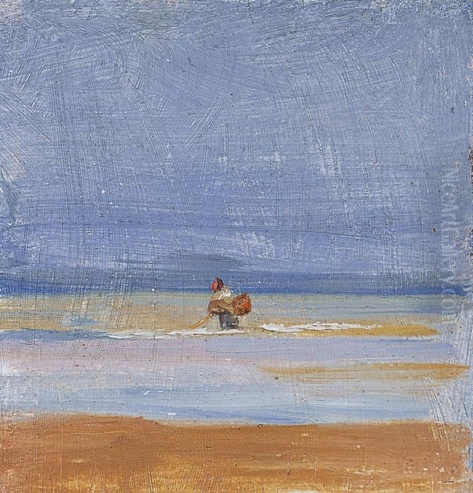 Pecheuse De Crevettes A Maree Basse Oil Painting by Charles Emmanuel Roussel