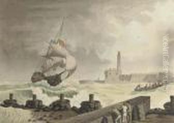 A French Brig Riding The Swell 
At The Entrance To The Port Ofcette, Observed From La Pointe Richelieu Oil Painting by Joseph Roux