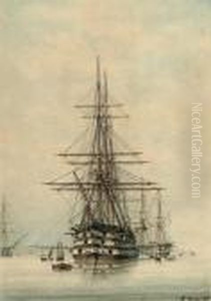 A Squadron Of French Ships-of-the-line Anchored Offshore Oil Painting by Francois Geoffroy Roux