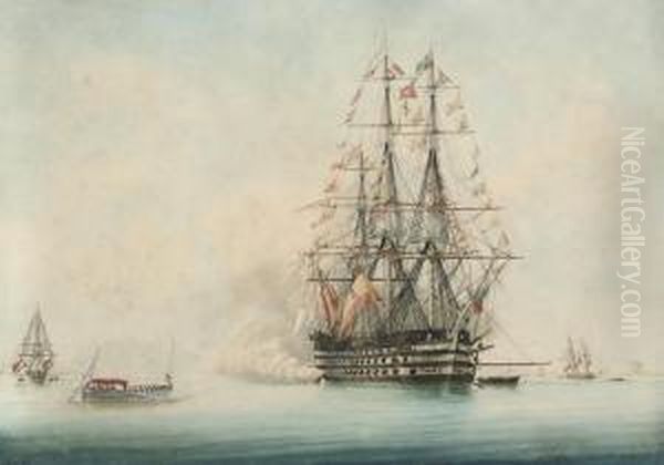 A French First Rate Lying At 
Anchor In The Roadstead At Toulon,dressed Overall For An Important 
Visitor Approaching In Abarge Oil Painting by Francois Geoffroy Roux