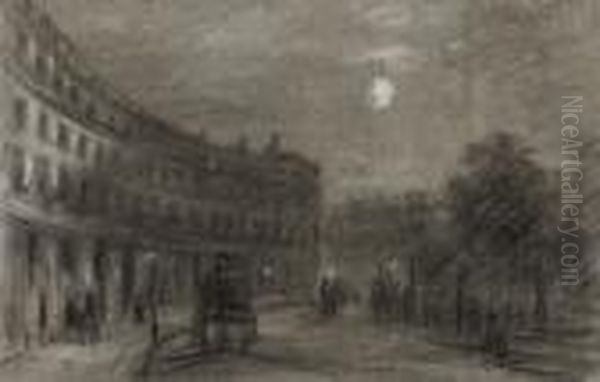A London Crescent, With A 
Carriage And Elegant Figures, At Dusk Unframed Chalk Drawings, The 
Majority Topographical Subjects And Studies Of Carriages And Elegant 
Figures On London Streets (one Illustrated), Trafalgar Square And Rustic
 Views, One I Oil Painting by George James Rowe