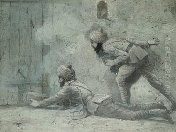 Attributed To George Derville 
Rowlandson, -- Indian Soldiers Laying A 'petrd' At The Gates Oil Painting by George Derville Rowlandson