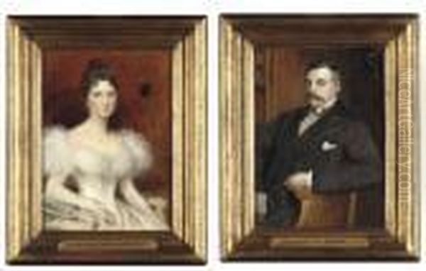 Portrait Of The Marquis De Broc 
In A Dark Suit; Portrait Of The Marquise De Broc In A White Dress Oil Painting by Lionel Noel Royer