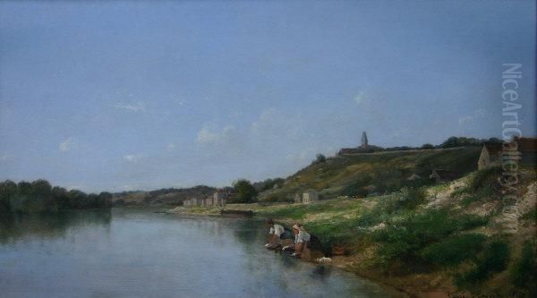 River Landscape With Washer 
Women In Foreground, A Village And Church On Hill In Background Oil Painting by Jules Rozier