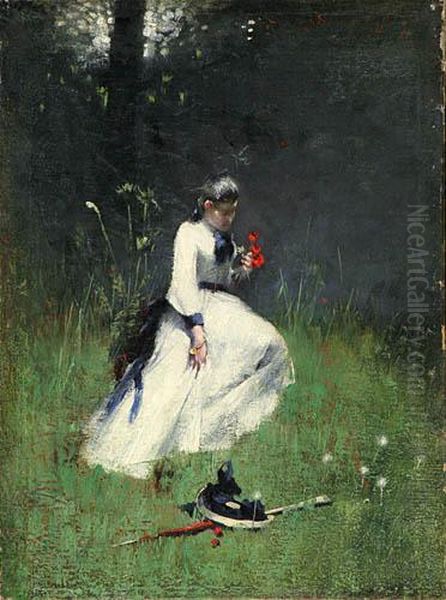 Dziewczyna Zbierajaca Kwiaty, Przed 1900 Oil Painting by Zygmunt Rozwadowski