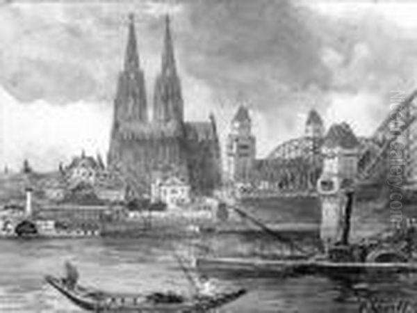 Kolner Rheinuferansicht Mit Dom 
Und Hohenzollernbrucke. Auf Dem Rhein Dampfschiffe Und Kahne Oil Painting by Carl Rudell