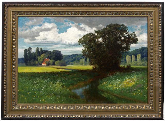 Haus Mit Rotem Dach Im Wiesengrund Oil Painting by Hermann Rudisuhli