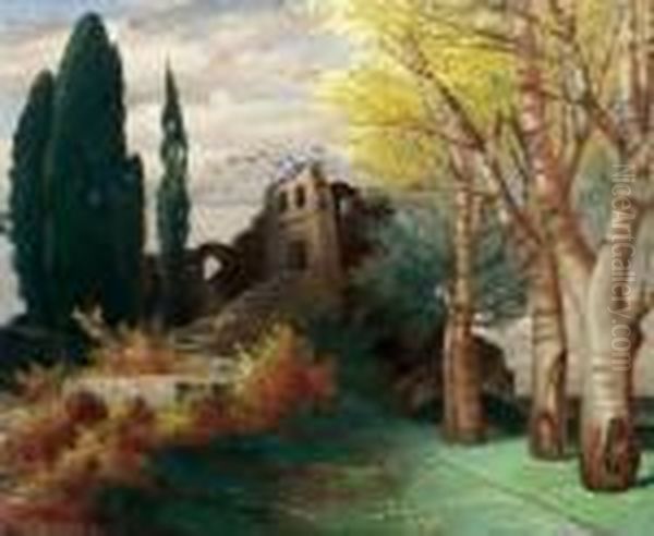 Ruine In Herbstlandschaft Oil Painting by Hermann Rudisuhli