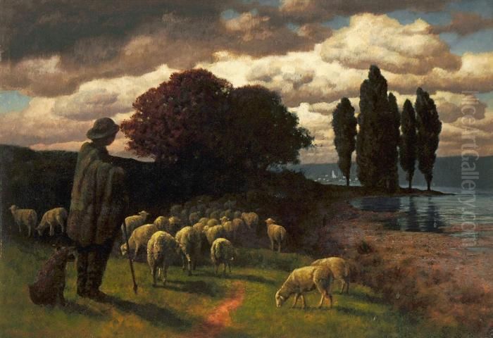 Schafer Mit Seiner Herde Am Abendlichen Fluss Oil Painting by Hermann Rudisuhli