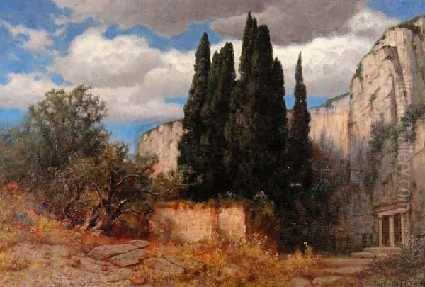Landscape With Cypress Trees Oil Painting by Hermann Rudisuhli