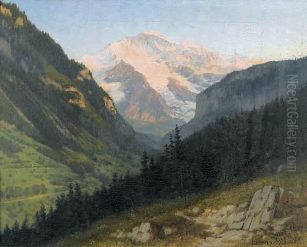 Jungfrau Im Alpengluhen Oil Painting by Hermann Rudisuhli