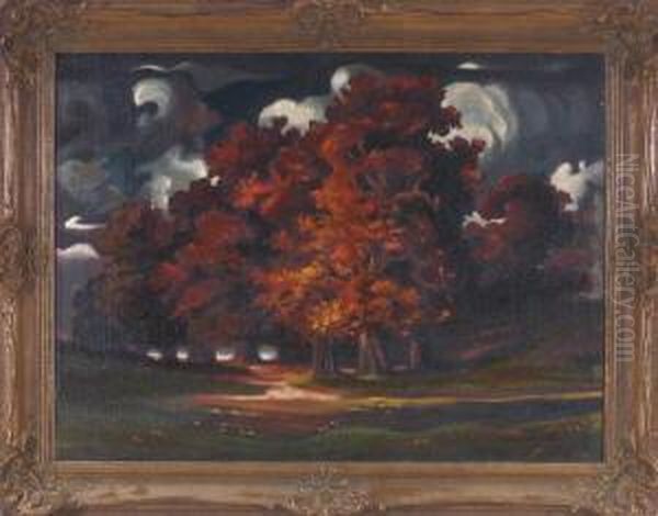 Herbstliche Baumgruppe Bei Gewitterstimmung Oil Painting by Hermann Rudisuhli