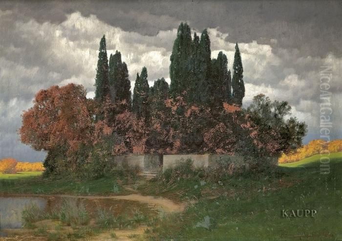 In Herbstlandschaft Unter Dunklen Regenwolken Von Einer Mauer Umzaumter Zypressenhain. Oil Painting by Hermann Rudisuhli