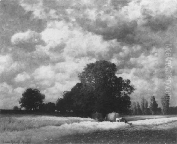 Spatsommerlandschaft Mit Bauern Bei Der Heuernte Oil Painting by Hermann Rudisuhli