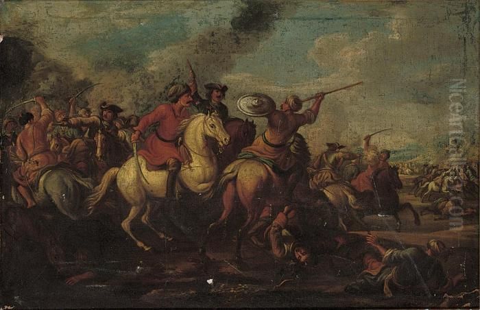 A Cavalry Skirmish Oil Painting by Georg Philipp Rugendas I