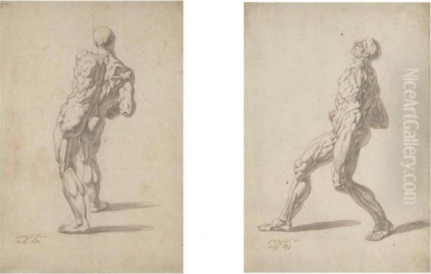 2 Bll.: Muskelmann Im Profil In Schrittstellung - Muskelmann In Oil Painting by Georg Philipp Rugendas I