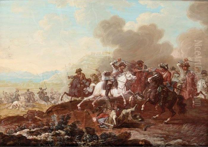 A Cavalry Skirmish Oil Painting by Georg Philipp Rugendas I