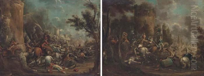 A Cavalry Skirmish By A Fortified Tower; And A Cavalry Skirmish With A Castle Beyond Oil Painting by Georg Philipp Rugendas I