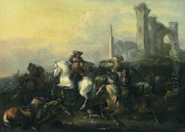 Scena Di Battaglia Con Rudere Sullo Sfondo Oil Painting by Georg Philipp Rugendas I