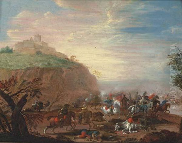 A Battle Skirmish With A Hilltop Fortress Beyond Oil Painting by Georg Philipp Rugendas I