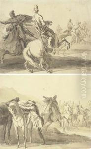 A Cavalry Skirmish; And A Cavalier Mounting His Horse, The Squadronforming Beyond Oil Painting by Georg Philipp Rugendas I