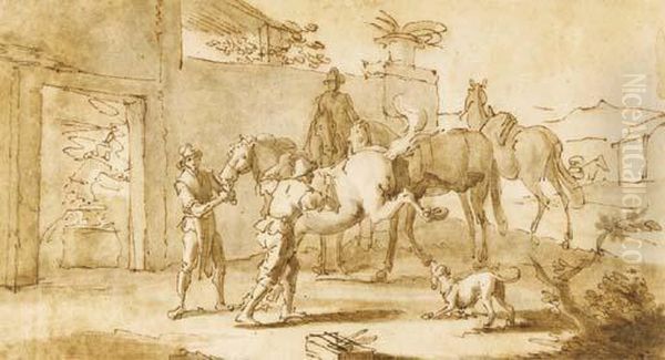 A Blacksmiths Yard With A Kicking Horse Oil Painting by Georg Philipp Rugendas I