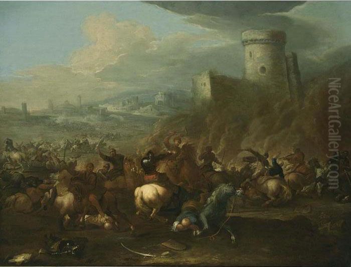A Cavalry Battle Scene Between 
Turkish And Christian Troops, With A View Of A Town Beyond Oil Painting by Georg Philipp Rugendas I