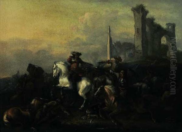 Scena Di Battaglia Con Rudere Sullo Sfondo Oil Painting by Georg Philipp Rugendas I