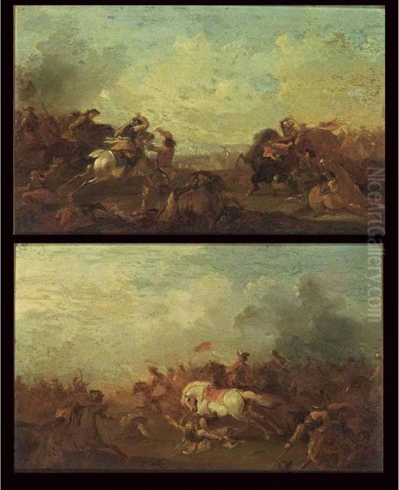 A Pair Of Cavalry Battles Oil Painting by Georg Philipp Rugendas I