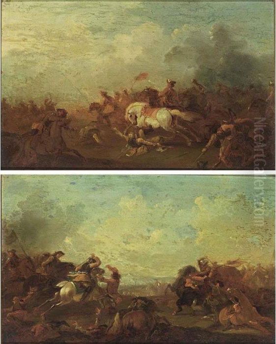 A Pair Of Cavalry Battles Oil Painting by Georg Philipp Rugendas I