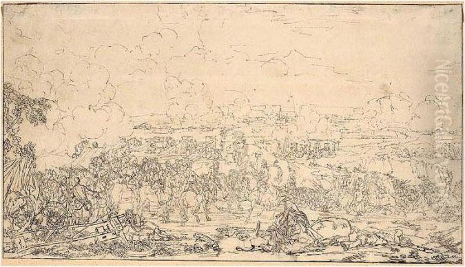 An Army Laying Siege To A City. Oil Painting by Georg Philipp Rugendas I