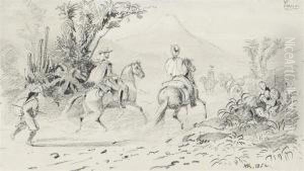A Peruvian Landscape: Two Men On
 Horseback Following A Dusty Track,a Volcano In The Background Oil Painting by Johann Moritz Rugendas