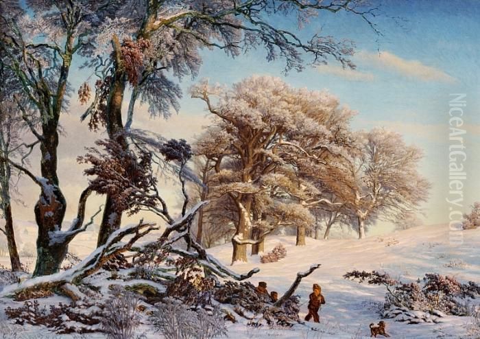 Sunlit Wintry Scene Oil Painting by Gotfred Rump