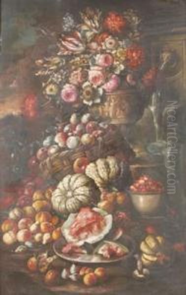 Narura Morta Con Vaso Di
Fiori, Frutta E Fontana Oil Painting by Giovan Battista Ruoppolo