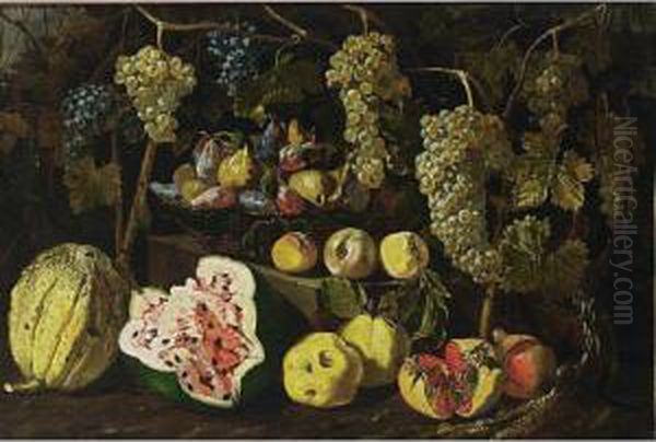 A Still Life With A Watermelon, A
 Melon, Pomegranates, Peaches, And Grapes Together With Figs And Plums 
In A Basket On A Stone Ledge Oil Painting by Giovan Battista Ruoppolo