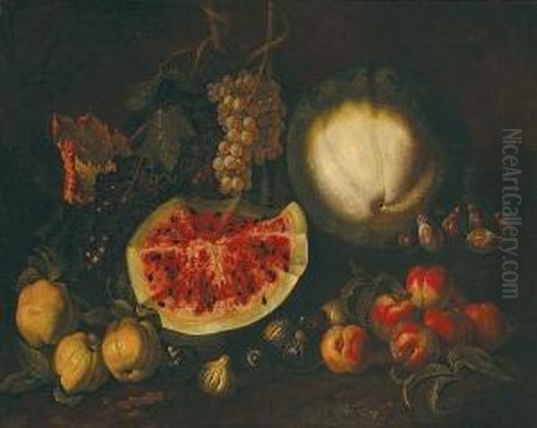 Natura Morta
Con Cocomeri, Uva, Pesche E Fichi Oil Painting by Giovan Battista Ruoppolo