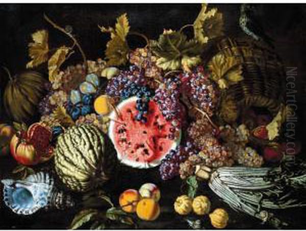 A Still Life Of Grapes, Plums, 
Watermelons, Peaches, Lemons, A Cardoon, An Open Pomegranate, Together 
With A Shell, A Snail And Other Objects Oil Painting by Giovanni Battista Ruoppolo