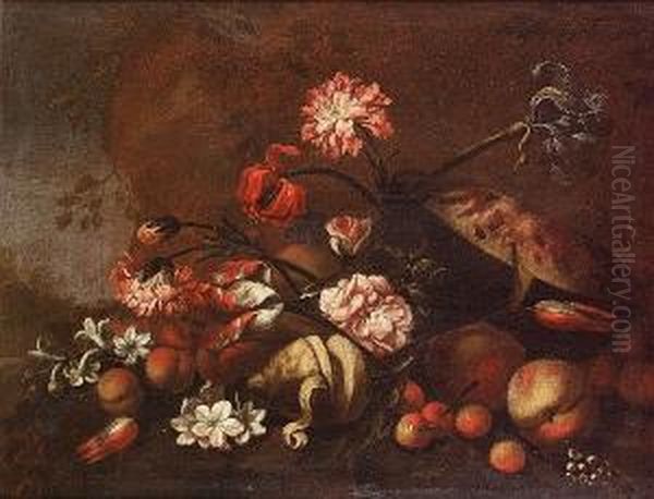 Peaches, A Melon, A Lemon And 
Other Fruit With Tulips, An Iris, Chyrsanthemums And Other Flowers In A 
Landscape; And Peaches With Narcissi, Tulips, Chrysanthemums And Other 
Flowers In A Landscape Oil Painting by Giovanni Battista Ruoppolo