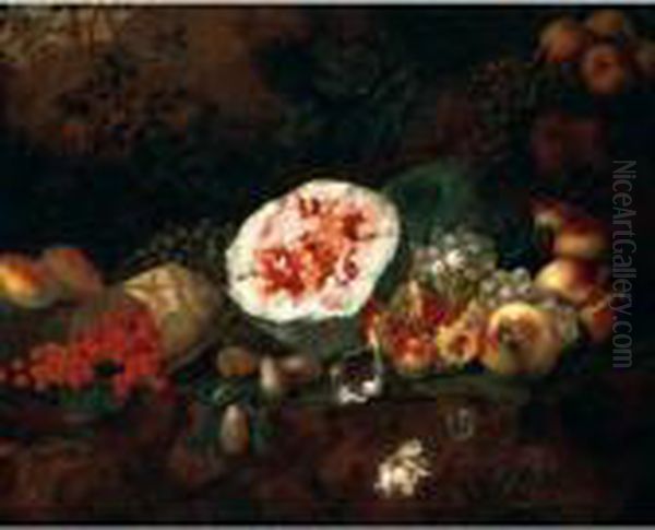 Still Life Of A Watermelon, 
Pomegranates, Grapes, Wild Strawberries, Apples And Plums In A Landscape Oil Painting by Giovanni Battista Ruoppolo