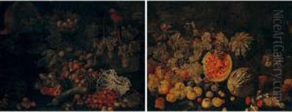 A Still Life With Fruits, 
Including Apples, Cherries, Figs, Marrow And Grapes In And Around Wicker
 Baskets Together With A Mackaw, A Blue-and-white Porcelain Dish And A 
Tortoise Oil Painting by Giovanni Battista Ruoppolo