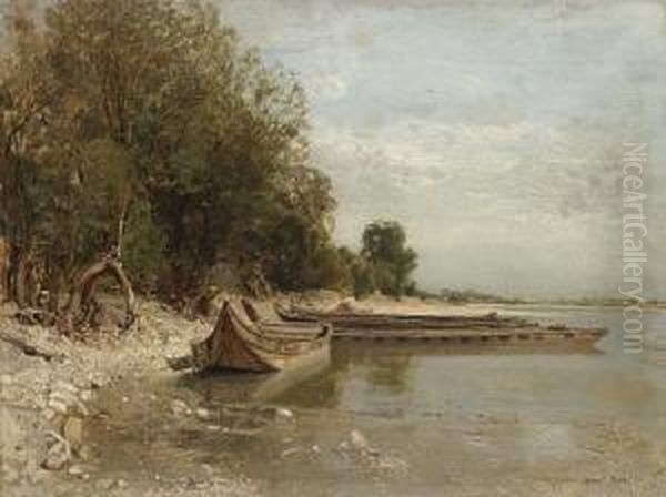 Lake Scene With Moored Rowing Boats Oil Painting by Robert Russ