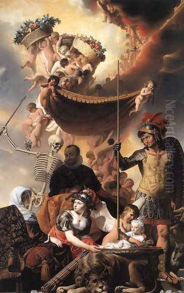 Allegory of the Birth of Frederik Hendrik c. 1650 Oil Painting by Caesar Van Everdingen