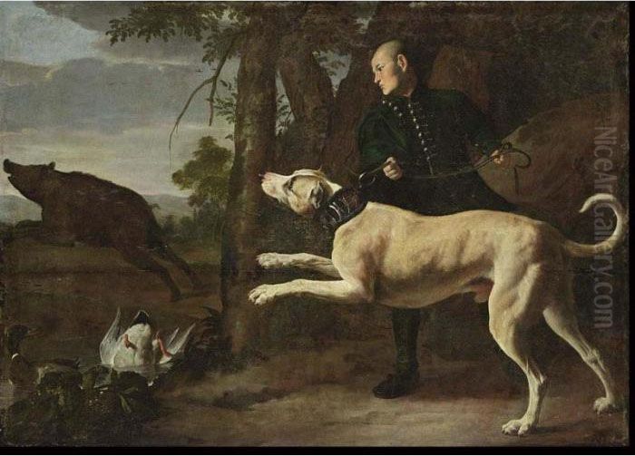 A Huntsman With His Hound 
Chasing A Boar In A Wooded Landscape, Ducks In A Pond In The Foreground Oil Painting by Carl Borromaus Andreas Ruthart