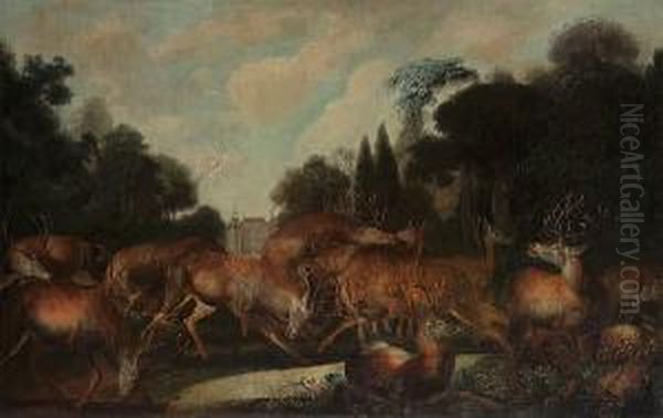 A Wooded Landscape With Stags And Hinds By A Stream, A 
 In The Distance Oil Painting by Carl Borromaus Andreas Ruthart