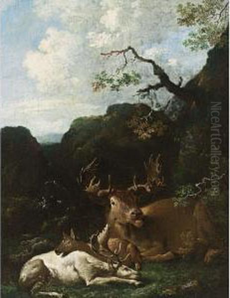 An Elk, An Albino Stag And A 
Deer Resting Under A Tree In A Mountainous Wooded Landscape Near A 
Waterfall Oil Painting by Carl Borromaus Andreas Ruthart