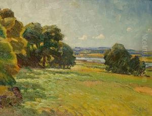 Landscape With Grazing Cattle Oil Painting by Albert Rutherston