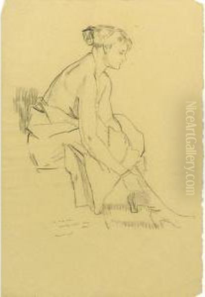 Woman Lacing Her Boots Oil Painting by Albert Rutherston