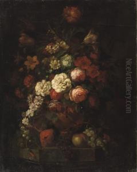 Pink Roses, Tulips And Various 
Other Flowers In A Vase Together With Red And Blue Grapes And Apples On A
 Ledge Oil Painting by Rachel Ruysch