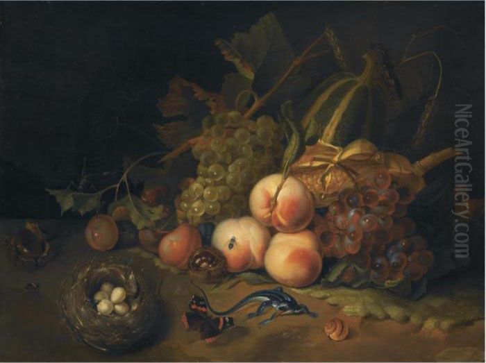 A Still Life Of Peaches, Blue 
And White Grapes, Prunes And Corn,together With A Bird's Nest, A 
Butterfly, A Lizard And Otherinsects Oil Painting by Rachel Ruysch